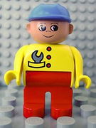 Duplo Figure, Male, Red Legs, Yellow Top with Wrench in Pocket, Construction Hat Blue 