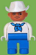 Duplo Figure, Male, Blue Legs, White Top with Blue Bandana, White Cowboy Hat 