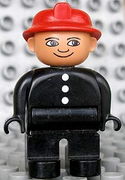 Duplo Figure, Male Fireman, Black Legs, Black Top with 3 White Buttons, Red Fire Helmet 