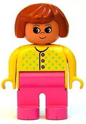 Duplo Figure, Female, Dark Pink Legs, Yellow Sweater with 3 Buttons and V Stitching, Dark Orange Hair 