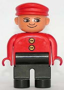 Duplo Figure, Male, Black Legs, Red Top with 2 Yellow Buttons, Red Cap 