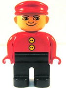 Duplo Figure, Male, Black Legs, Red Top with 2 Yellow Buttons, Red Cap, no White in Eyes Pattern 