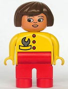 Duplo Figure, Female, Red Legs, Yellow Top with Red Buttons & Wrench in Pocket, Brown Hair, Turned Down Nose 