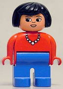 Duplo Figure, Female, Blue Legs, Red Top with Necklace, Black Hair 