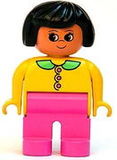 Duplo Figure, Female, Dark Pink Legs, Yellow Top with Dark Pink Buttons & Medium Green Collar, Black Hair 