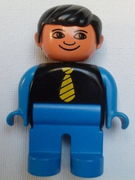 Duplo Figure, Male, Blue Legs, Black Top with Yellow Tie,Blue Arms, Black Hair, no White in Eyes Pattern 
