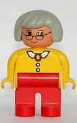 Duplo Figure, Female, Red Legs, Yellow Blouse with White Collar and 2 Buttons, Gray Hair, Glasses 