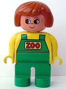 Duplo Figure, Female Zoo, Green Legs, Yellow Top with Green Overalls, Dark Orange Hair (Zoo Keeper) 