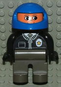 Duplo Figure, Male Police, Dark Gray Legs, Black Top with Zipper, Tie and Badge, Blue Racing Helmet 