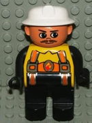 Duplo Figure, Male Fireman, Black Legs, Yellow Top with Flame and Orange Suspenders, White Fire Helmet, Moustache 