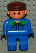 Duplo Figure, Male, Blue Legs, Blue Top with Green Collar and Pocket Tabs, Brown Cap 