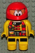 Duplo Figure, Male Action Wheeler, Yellow Legs, Yellow Top with Racer Pattern, Red Racing Helmet 