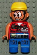 Duplo Figure, Male Action Wheeler, Blue Legs with Belt & Pockets, Red Vest with Wrench & ID, Yellow Cap 