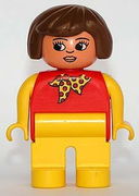 Duplo Figure, Female, Yellow Legs, Red Top With Yellow Polka Dot Scarf, Yellow Arms, Brown Hair, with Nose, with White in Eyes Pattern 