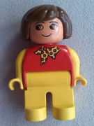 Duplo Figure, Female, Yellow Legs, Red Top With Yellow Polka Dot Scarf, Yellow Arms, Brown Hair, no Nose, no White in Eyes Pattern 