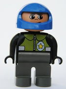 Duplo Figure, Male Police, Dark Gray Legs, Black Top with Pale Green Vest and Police Badge, Blue Helmet 