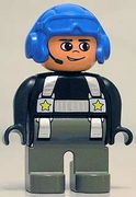 Duplo Figure, Male Police, Dark Gray Legs, Black Top with Silver Harness and Yellow Stars, Headset, Blue Aviator Helmet 