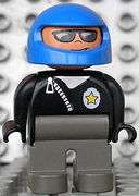 Duplo Figure, Male Police, Dark Gray Legs, Black Top Zippered Jacket and Police Badge, Blue Helmet 