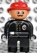 Duplo Figure, Male Fireman, Black Legs, Black Top with Flame Logo, Red Fire Helmet, Moustache 