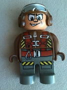 Duplo Figure, Male Action Wheeler, Dark Gray Legs, Brown Top with Parachute Straps, Brown Helmet with Goggles 