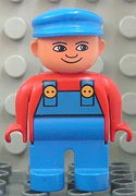 Duplo Figure, Male, Blue Legs, Red Top with Blue Overalls, Blue Cap, Turned Down Nose 