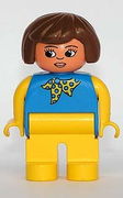 Duplo Figure, Female, Yellow Legs, Blue Top With Yellow and Blue Polka Dot Scarf, Yellow Arms, Brown Hair 