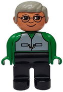 Duplo Figure, Male, Black Legs, Green Top with Vest, Gray Hair, Glasses 