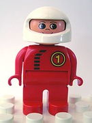 Duplo Figure, Male, Red Legs, Red Top with Black Zipper and Racer #1, White Helmet 