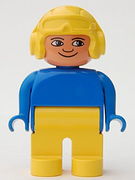Duplo Figure, Male, Yellow Legs, Blue Top, Aviator Helmet Yellow 