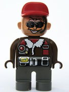 Duplo Figure, Male Action Wheeler, Dark Gray Legs, Brown Top with Fleece Jacket, Black Belt, Red Cap, Sunglasses, Headphone (AW Aviator) 