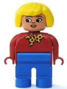 Duplo Figure, Female, Blue Legs, Red Top with Yellow and Red Polka Dot Scarf, Yellow Hair, Turned Down Nose 