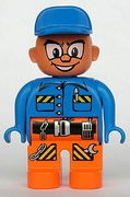 Duplo Figure, Male Action Wheeler, Orange Legs with Belt, Blue Top with Pen, Chain, Radio, and Wrench, Blue Cap 