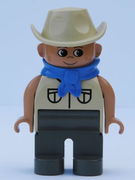 Duplo Figure, Male, Dark Gray Legs, Tan Top Safari with Pockets, Cowboy Hat, Blue Bandana 