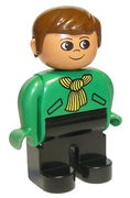 Duplo Figure, Male, Black Legs, Green Top with Yellow Scarf, Brown Hair 