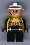 Duplo Figure, Male Fireman, Black Legs, Yellow Top with Flame and Orange Suspenders, White Fire Helmet, Headset 