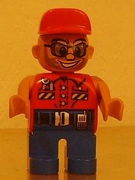 Duplo Figure, Male Action Wheeler, Blue Legs, Red Top with Wrench, Red Cap, Sunglasses, Beard 