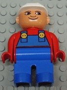 Duplo Figure, Male, Blue Legs, Red Top with Blue Overalls, Construction Hat White, Turned Down Nose 