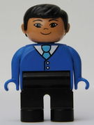Duplo Figure, Male, Black Legs, Blue Top with Buttons and Tie, Black Hair, Asian Eyes 