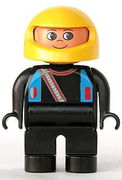 Duplo Figure, Male, Black Legs, Black Top with Blue Straps and Racer Diagonal Zipper, Yellow Racing Helmet 