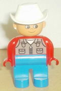 Duplo Figure, Male, Blue Legs, Red Top with Dark Tan Zipper Vest, White Cowboy Hat 