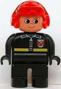 Duplo Figure, Male Fireman, Black Legs, Black Top with Fire Logo and Zipper, Red Aviator Helmet 