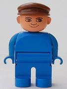 Duplo Figure, Male, Blue Legs, Blue Top, Brown Cap, no White in Eyes Pattern 