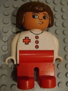 Duplo Figure, Female Medic, Red Legs, White Top, Brown Hair, Red Cross 