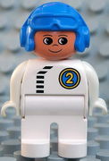 Duplo Figure, Male, White Legs, White Top with Black Zipper and Racer #2, Blue Aviator Helmet 