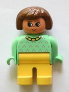 Duplo Figure, Female, Yellow Legs, Light Green Top with Purple Dots, Yellow Collar, Brown Hair 