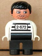 Duplo Figure, Male, Black Legs, White Top with 2-672 Number on Chest, Black Hair, White Hands, Stubble, Moustache Stubble (Jailbreak Joe) 