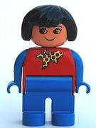 Duplo Figure, Female, Blue Legs, Red Top With Yellow And Red Polka Dot Scarf, Blue Arms, Black Hair, without Nose 
