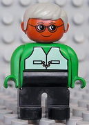 Duplo Figure, Male, Black Legs, Green Top with Vest, Brown Head, Gray Hair, Glasses 