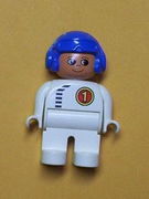 Duplo Figure, Male, White Legs, White Top with Black Zipper and Racer #1, Blue Aviator Helmet 