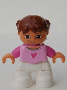 Duplo Figure Lego Ville, Child Girl, White Legs, Bright Pink Top, Dark Pink Arms, Reddish Brown Hair with Braids 